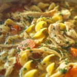 Delicious bowl of chicken noodle soup with egg noodles and vegetables