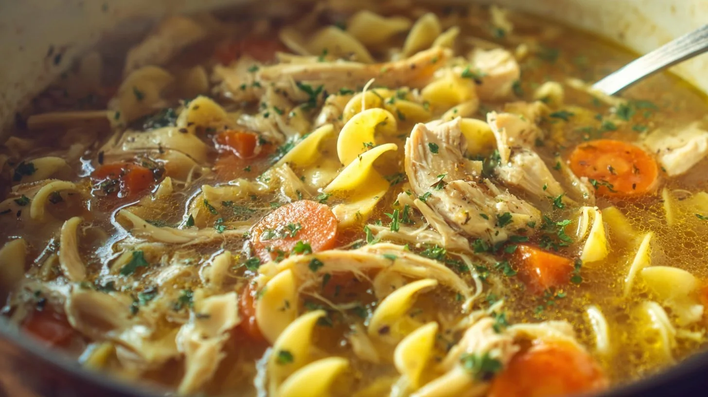 Delicious bowl of chicken noodle soup with egg noodles and vegetables