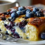 Delicious Blueberry Cottage Cheese Breakfast Bake topped with fresh blueberries