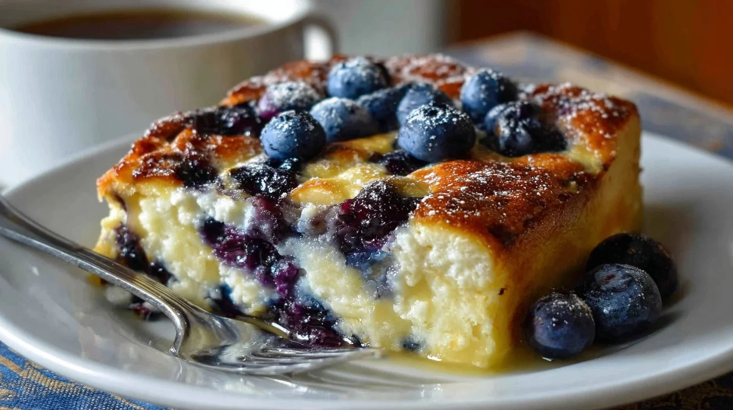 Delicious Blueberry Cottage Cheese Breakfast Bake topped with fresh blueberries