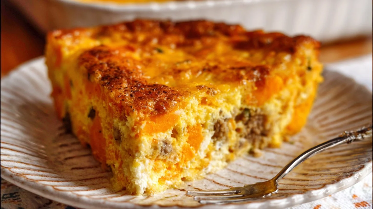 Delicious breakfast casserole with eggs, cheese, and veggies
