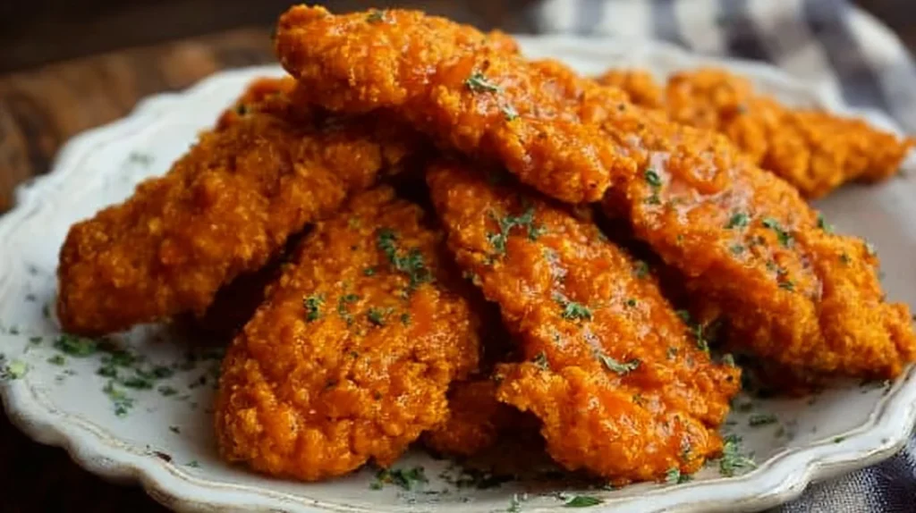 Delicious crispy Buffalo Chicken Tenders served with dipping sauce.