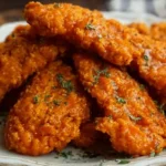 Delicious crispy Buffalo Chicken Tenders served with dipping sauce.