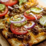 Homemade Cheeseburger Flatbreads topped with lettuce, tomatoes, and cheese