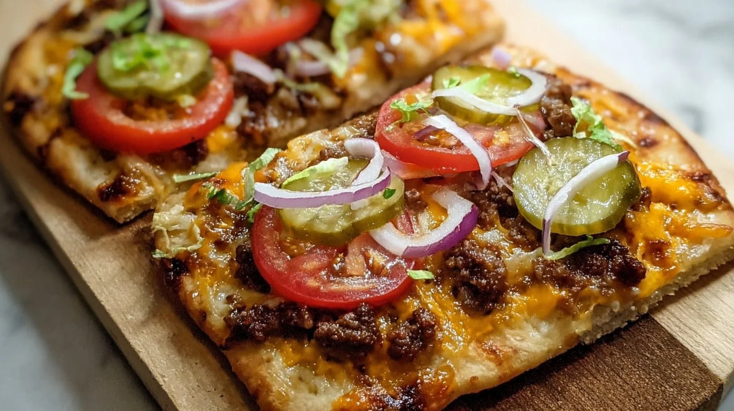 Homemade Cheeseburger Flatbreads topped with lettuce, tomatoes, and cheese