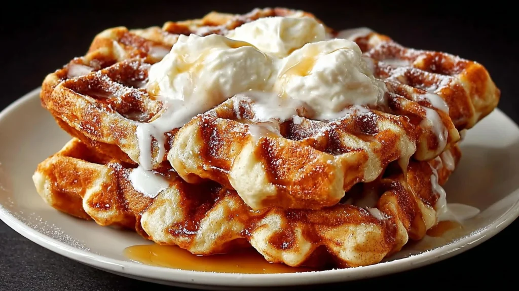 Cinnamon Roll Waffles topped with cream cheese frosting and cinnamon swirl
