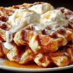 Cinnamon Roll Waffles topped with cream cheese frosting and cinnamon swirl