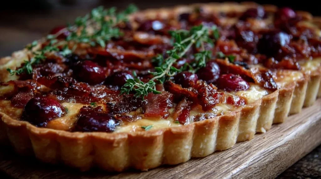 Savory Cranberry Brie Tart topped with pancetta and thyme on a rustic wooden table