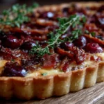 Savory Cranberry Brie Tart topped with pancetta and thyme on a rustic wooden table