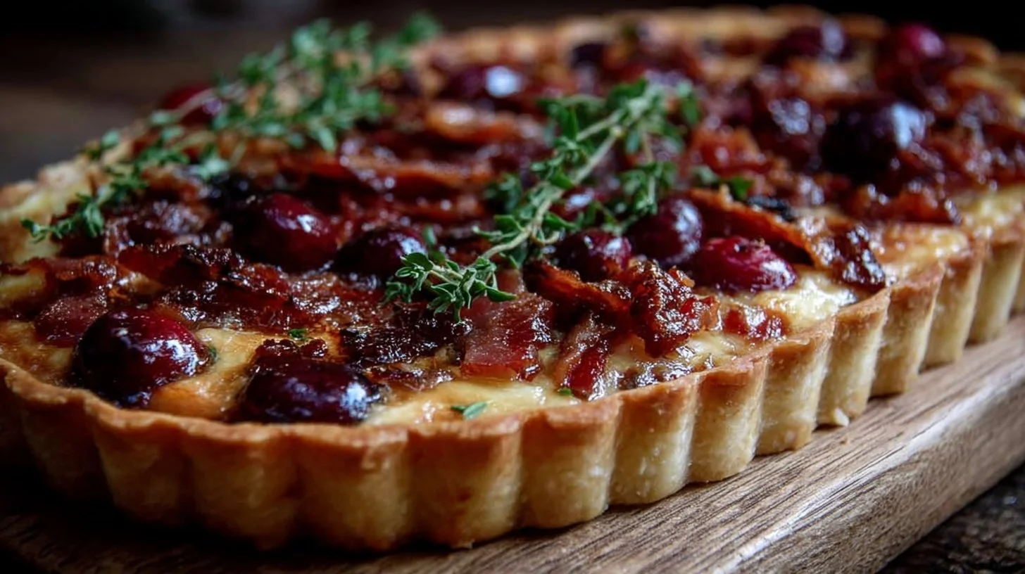 Savory Cranberry Brie Tart topped with pancetta and thyme on a rustic wooden table