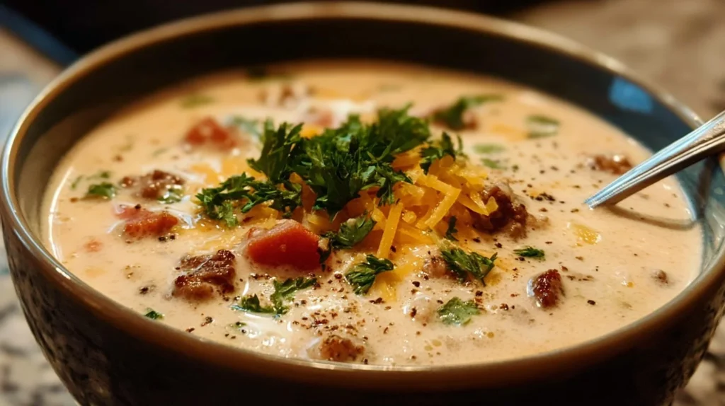 Bowl of creamy cowboy soup garnished with fresh herbs and ingredients