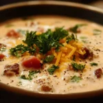 Bowl of creamy cowboy soup garnished with fresh herbs and ingredients