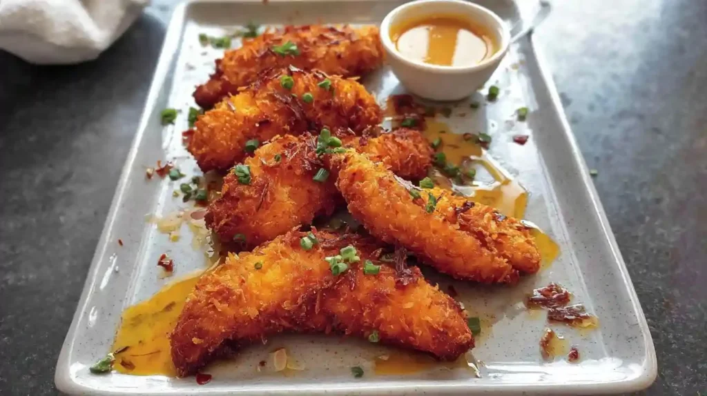 Plate of crispy coconut chicken tenders served with dipping sauce