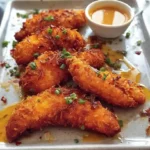Plate of crispy coconut chicken tenders served with dipping sauce
