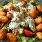 Crispy gnocchi salad with yogurt dressing on a plate, garnished with herbs.