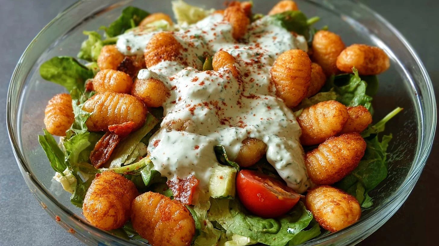 Crispy gnocchi salad with yogurt dressing on a plate, garnished with herbs.