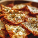 Bowl of crispy pizza chips, perfect for snacking or party treats.