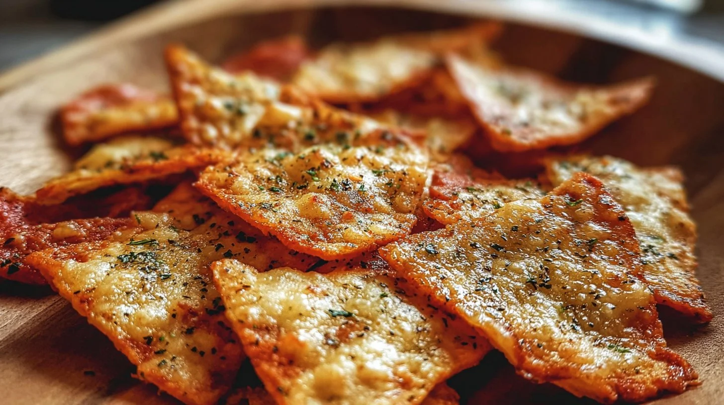 Bowl of crispy pizza chips, perfect for snacking or party treats.
