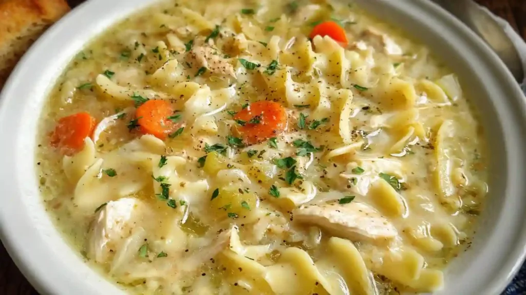 Crockpot creamy chicken noodle soup served in a bowl with fresh herbs
