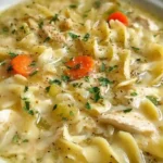 Crockpot creamy chicken noodle soup served in a bowl with fresh herbs