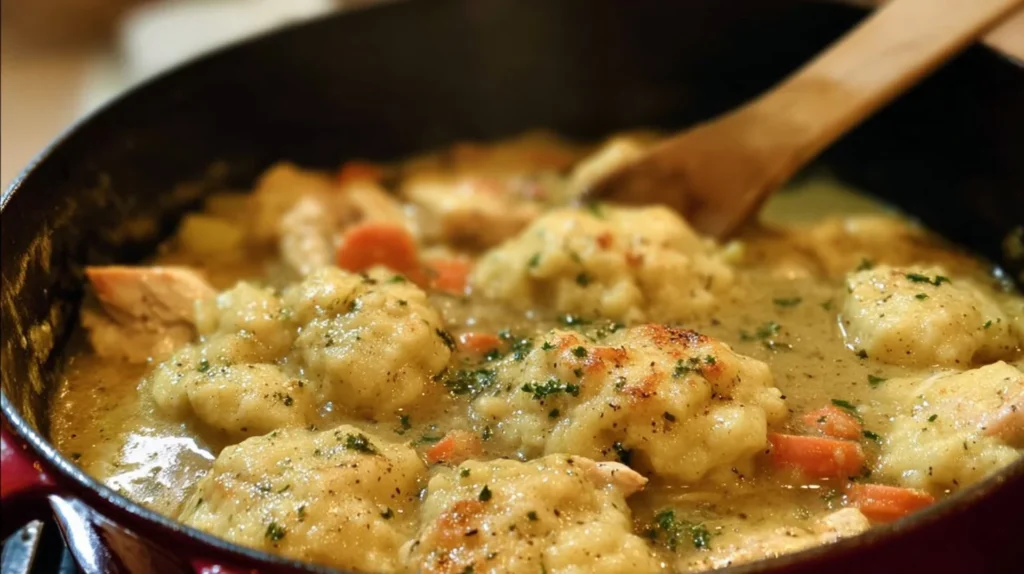 Dutch Oven Chicken and Dumplings dish in a rustic setting.
