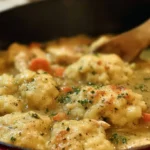 Dutch Oven Chicken and Dumplings dish in a rustic setting.