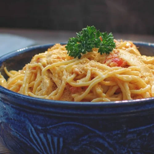 Delicious serving of Easy Rotel Chicken Spaghetti with cheese on top.