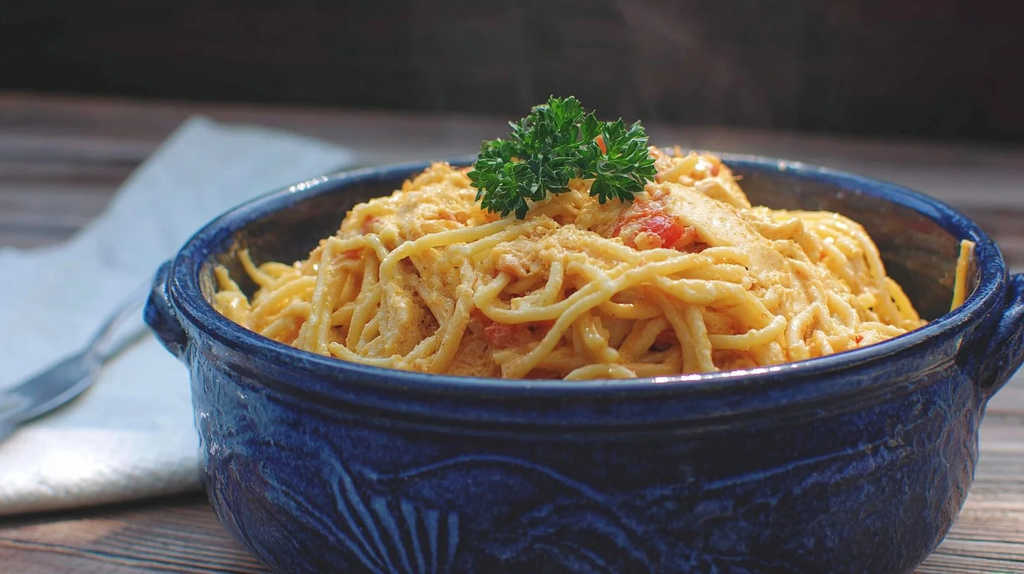 Delicious serving of Easy Rotel Chicken Spaghetti with cheese on top.