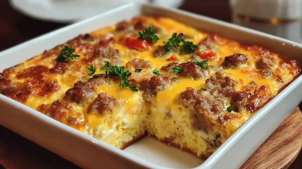 Delicious easy sausage and egg casserole served in a baking dish