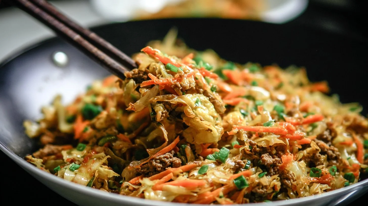 Delicious Egg Roll in a Bowl with fresh vegetables and savory meat