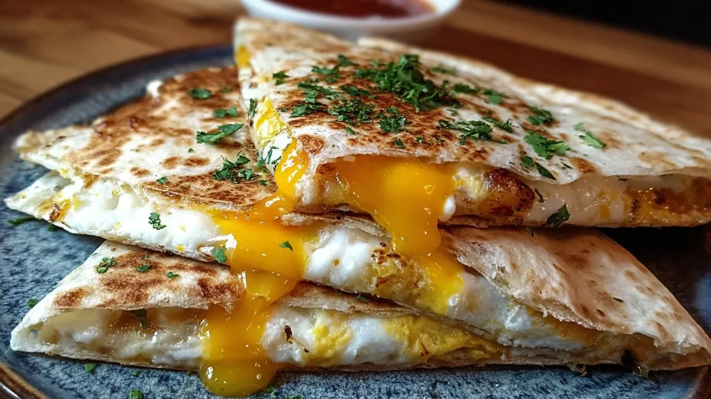 Delicious fried egg quesadilla on a plate with fresh toppings