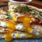 Delicious fried egg quesadilla on a plate with fresh toppings
