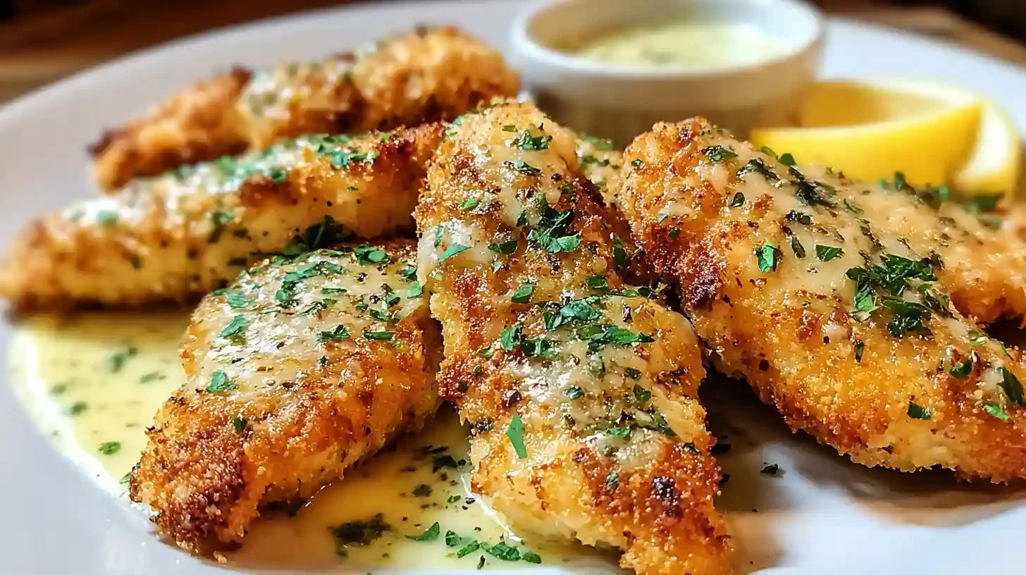 Crispy Garlic Parmesan Chicken Tenders served with dipping sauce