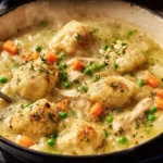Bowl of gluten-free chicken and dumplings with herbs and vegetables