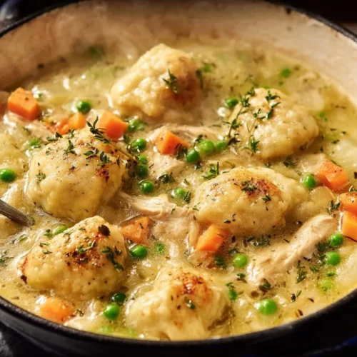 Bowl of gluten-free chicken and dumplings with herbs and vegetables