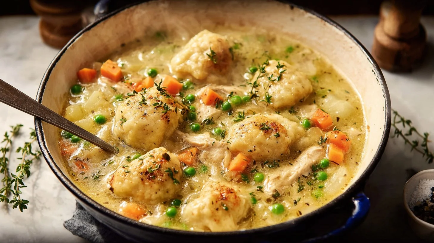 Bowl of gluten-free chicken and dumplings with herbs and vegetables