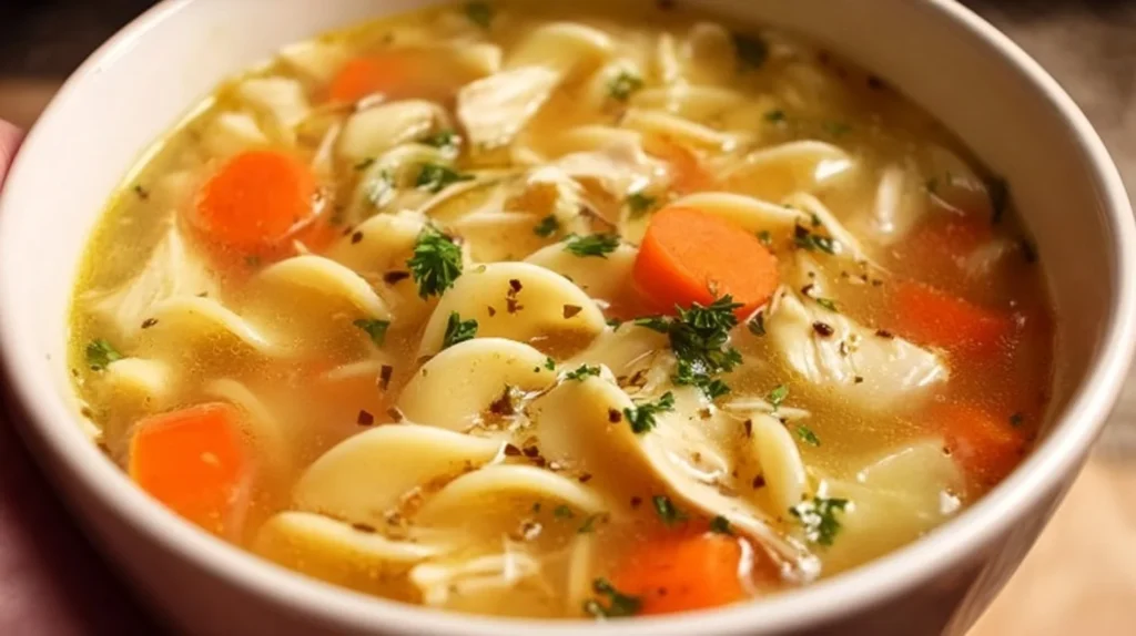 Bowl of homemade crockpot chicken noodle soup with vegetables