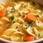 Bowl of homemade crockpot chicken noodle soup with vegetables