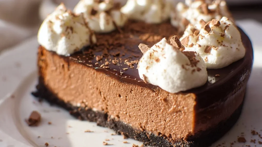 Delicious slice of hot chocolate cheesecake topped with whipped cream