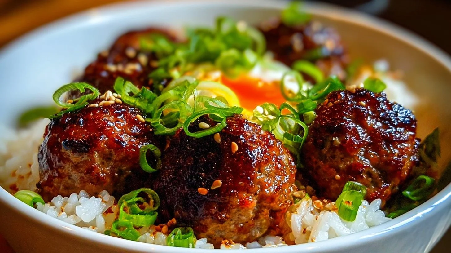Serving of Korean BBQ meatball rice bowls topped with fresh vegetables