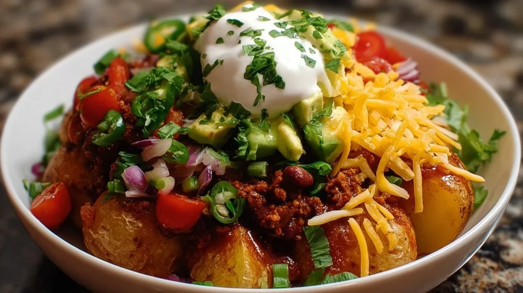 Loaded Potato Taco Bowl with toppings in a colorful dish