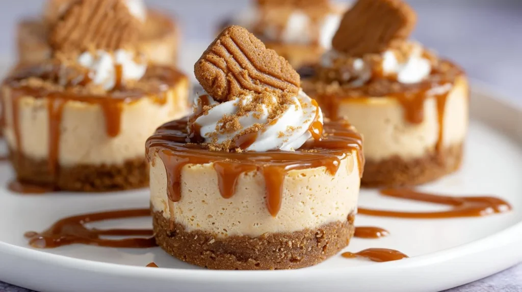 Mini Biscoff cheesecakes topped with caramel drizzle and cookie crumbles.