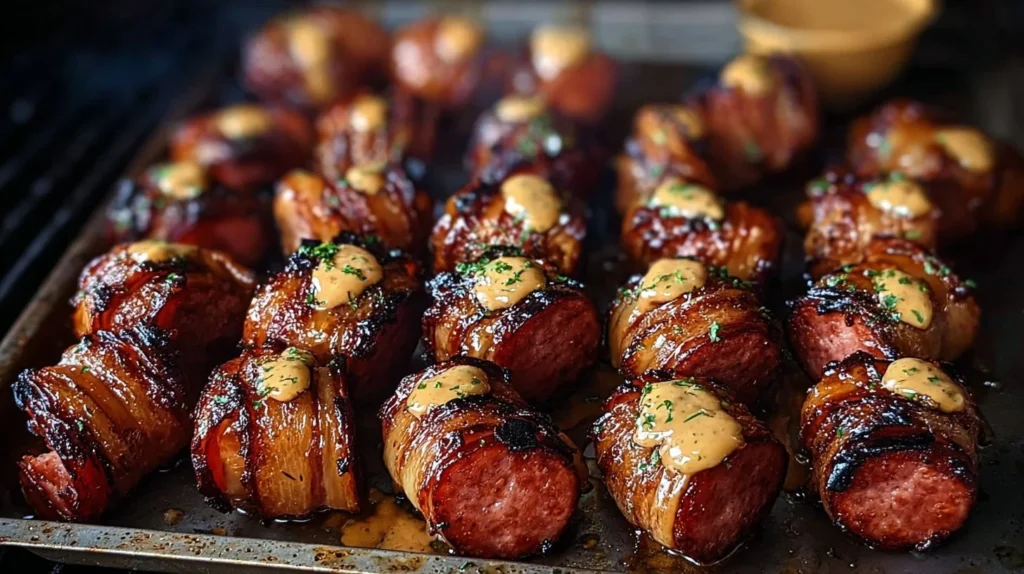 Mustard Hasselback Kielbasa Bites ready to serve