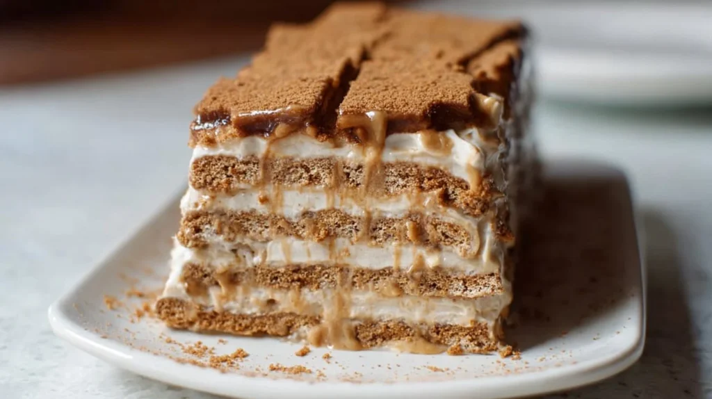 No-bake cookie butter icebox cake with Speculoos cookies on a plate