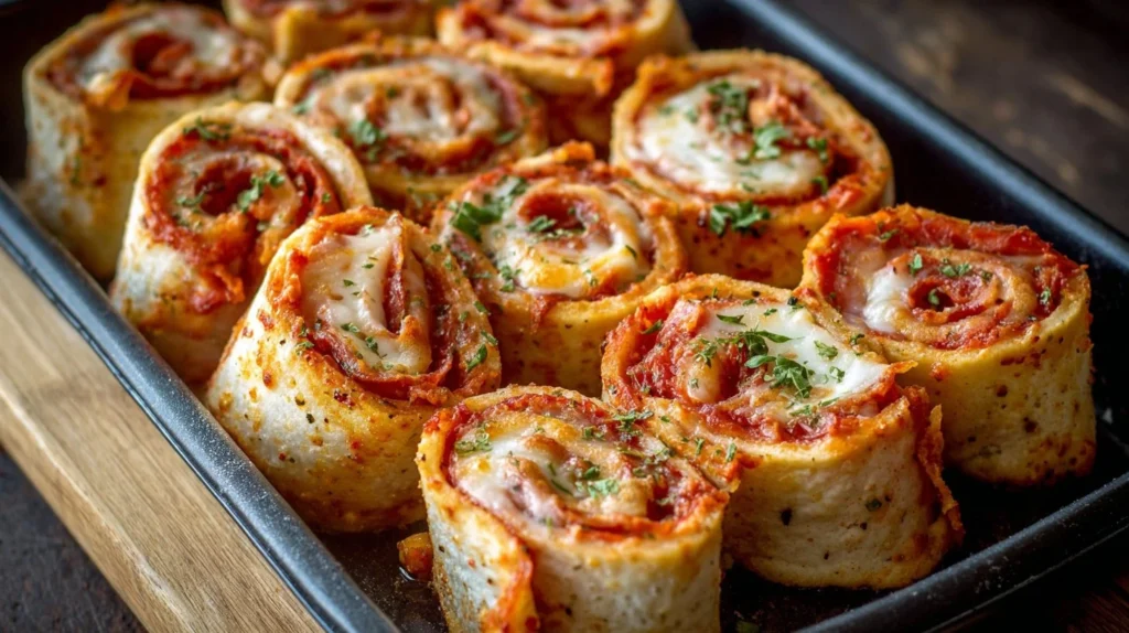 Delicious pepperoni pizza roll-ups fresh from the oven