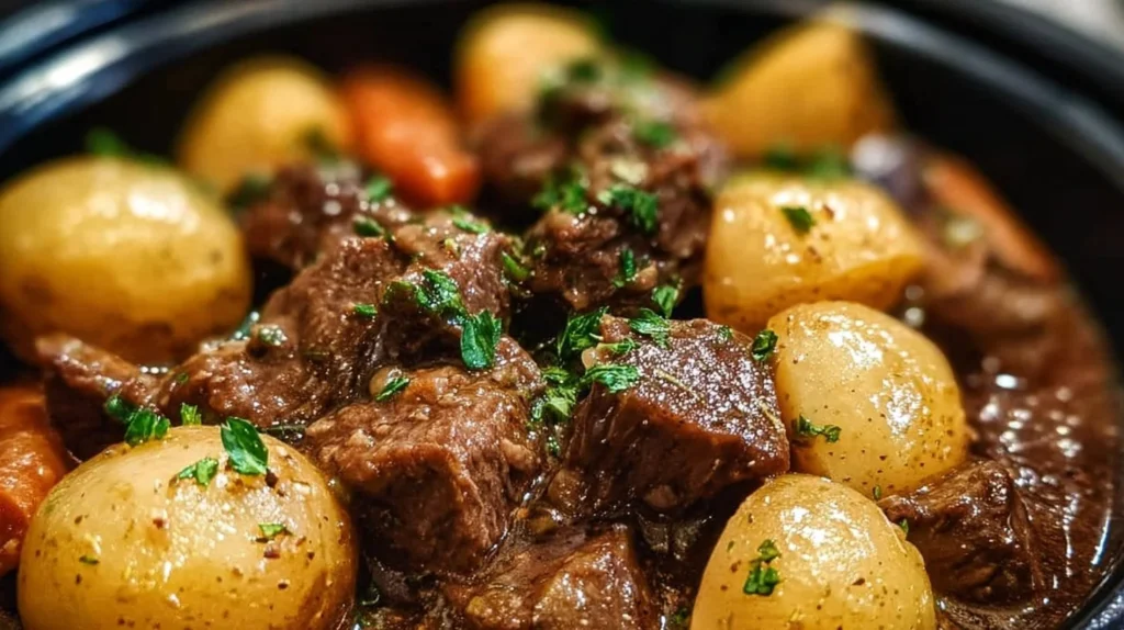 Delicious slow cooker beef and potatoes dish ready to serve