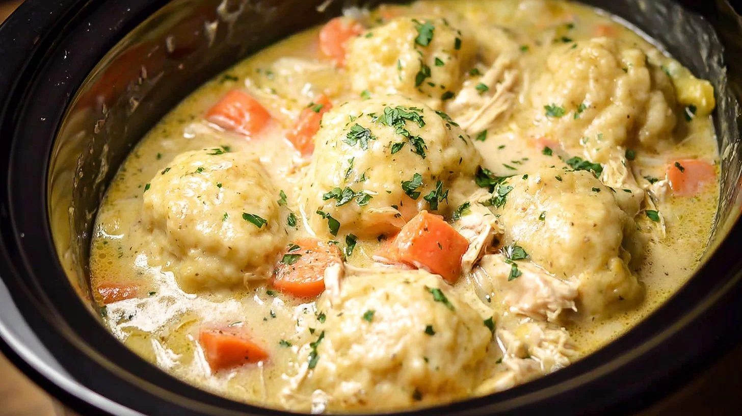 Bowl of slow cooker chicken and dumplings garnished with herbs
