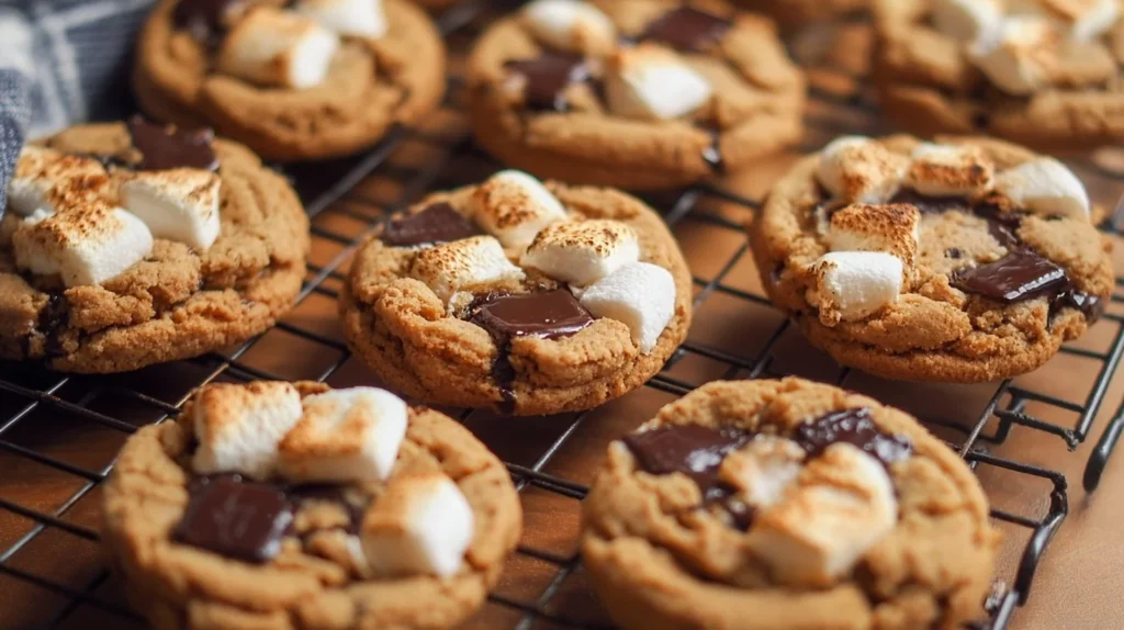 Freshly baked S'mores Cookies topped with chocolate and marshmallow