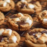 Freshly baked S'mores Cookies topped with chocolate and marshmallow