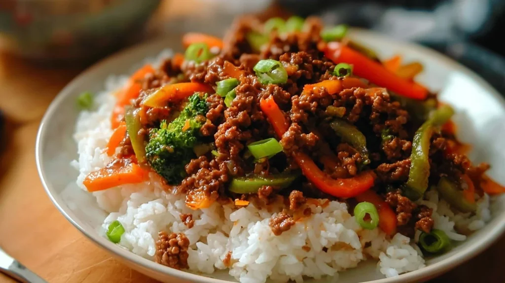 Delicious teriyaki beef stir-fry featuring ground beef and colorful vegetables.